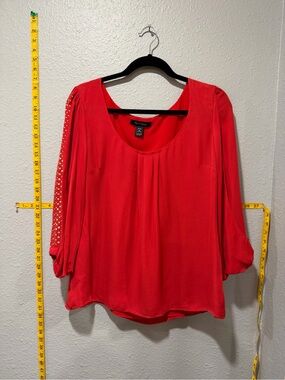 White House Black Market 100% Silk Red Blouse Gold Stud Sleeve Top Size 10